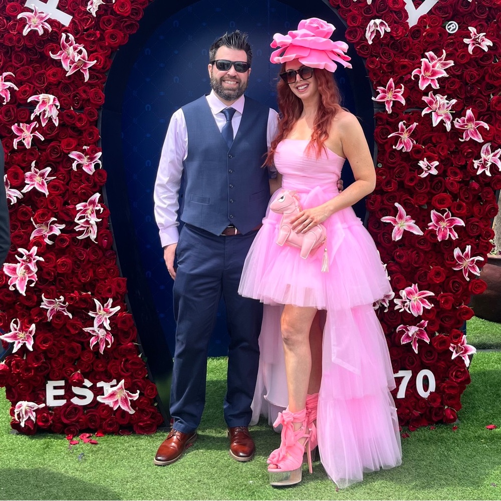 Kentucky Derby Oaks outfit Pink Strapless Tulle Dress, Flower Fascinator & Purse